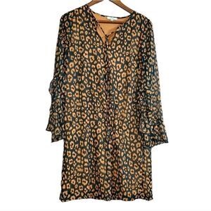Jade Melody Tam Printed Bell Sleeve Flowy Green/Tan Dress Size Medium